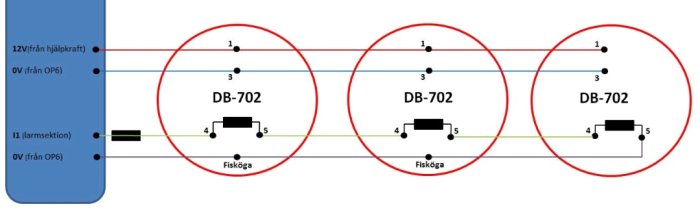 Elektriskt kopplingsschema med tre DB-702 reläer och anslutningar märkta för 12V, 0V och I1.