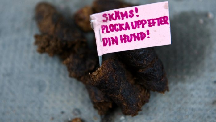 Hundbajs med en flagga som uppmanar att plocka upp efter hunden.