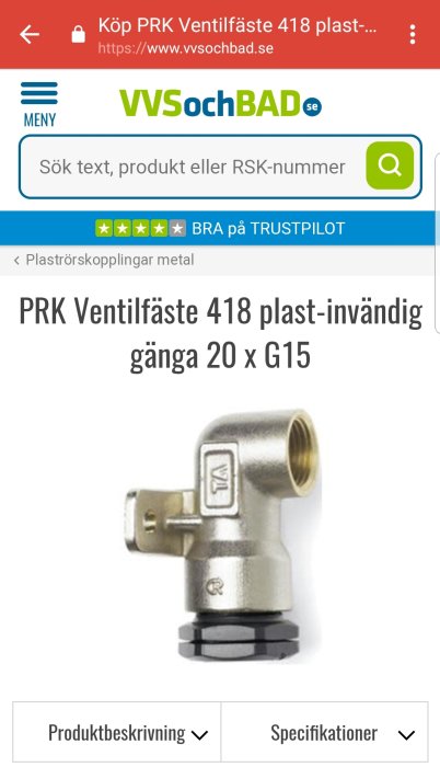 Ventilfäste i metall för pem-slang med text "PRK Ventilfäste 418 plast-invändig gänga 20 x G15" på en webbsida.