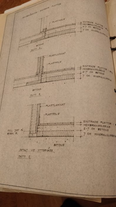 Genomskärningsritning som visar konstruktionen av en källarplatta från 1970 med 70 mm isolering och detaljer som plastfolie och betong.