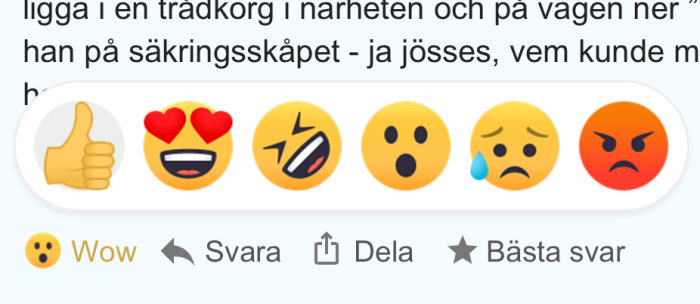 Emoji-reaktioner för gilla, älska, skratta, förvånad, ledsen och arg visas i en rad.