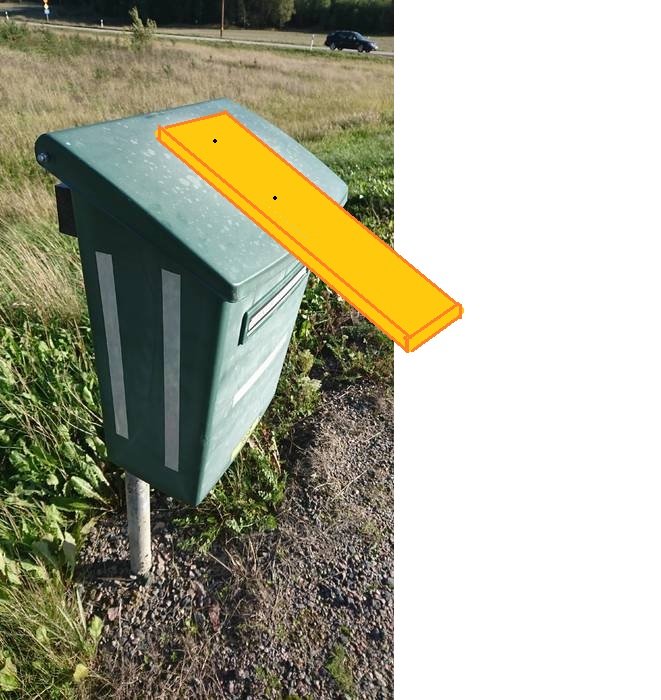 Grön brevlåda med ett gult streckad linje som markerar position för handtag på locket.