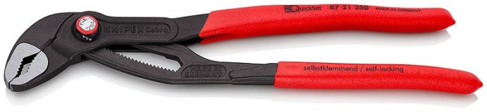 Knipex Cobra vattenpumpstång med röda handtag och QuickSet-funktion, stängd position.