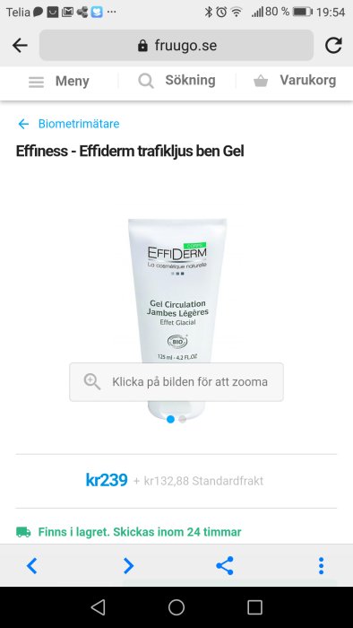 Tube of Effiderm leg circulation gel with price and website interface.