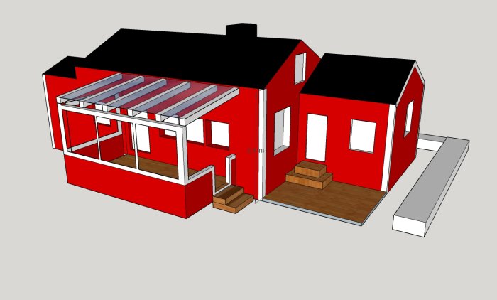 3D-modell av en röd husutbyggnad på 4x5 meter, förskjuten bakåt med mätningar och terrass.