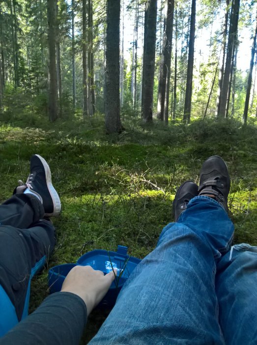 Två personers ben som vilar på en blå filt i en skog med en blå svampkorg nära dem.