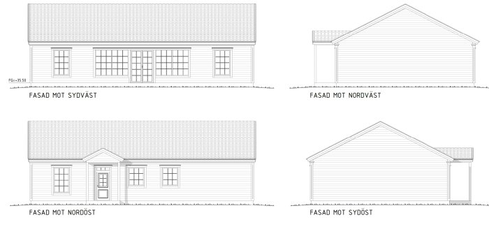 Arkitektritningar av ett passivhus med olika fasadvyer mot sydväst, nordväst, nordöst och sydöst.