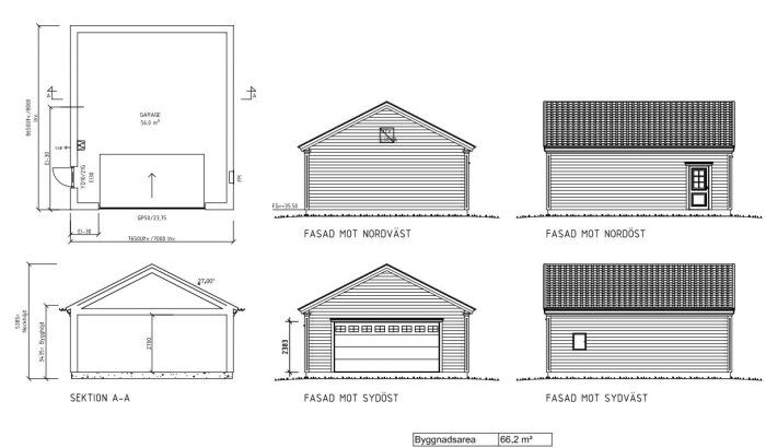 Arkitektritningar av ett passivhus och garage med planlösning och olika fasadvyer.