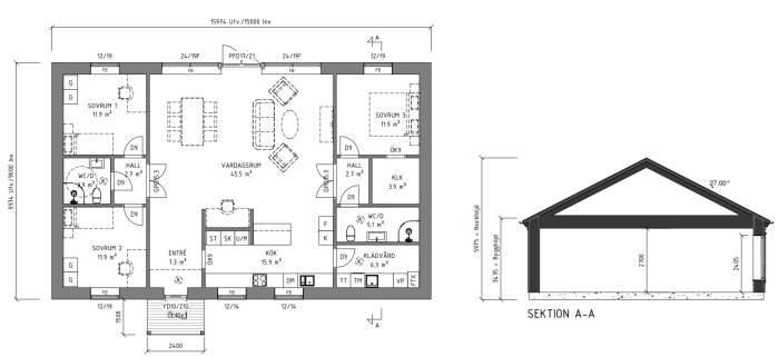 Arkitektritningar av enplans passivhus med väggelement inklusive planlösning och sektion A-A.