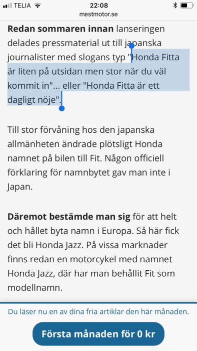 Skärmavbild av artikel på webbsida som diskuterar namnbytet på Honda-modeller.