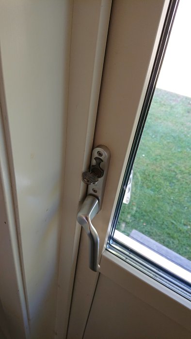 Altandörr med handtag och låskolv, sett inifrån med utsikt över gräsmatta.