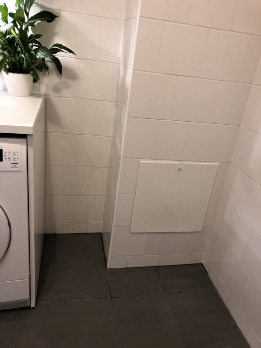 Hörn av badrum med vit kakelvägg, grå klinkergolv och synlig fukt i fog ca 1 meter från dusch.