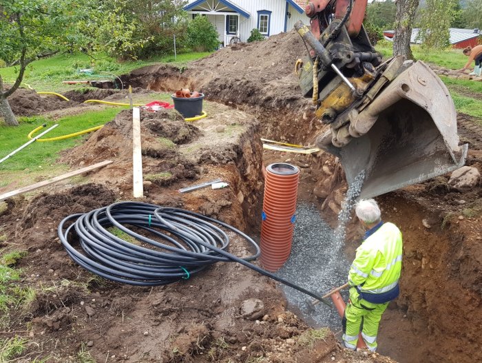 Installation av dagvattenbrunn med grävmaskin och arbetare som placerar rörledningar för fiber, vatten och el.