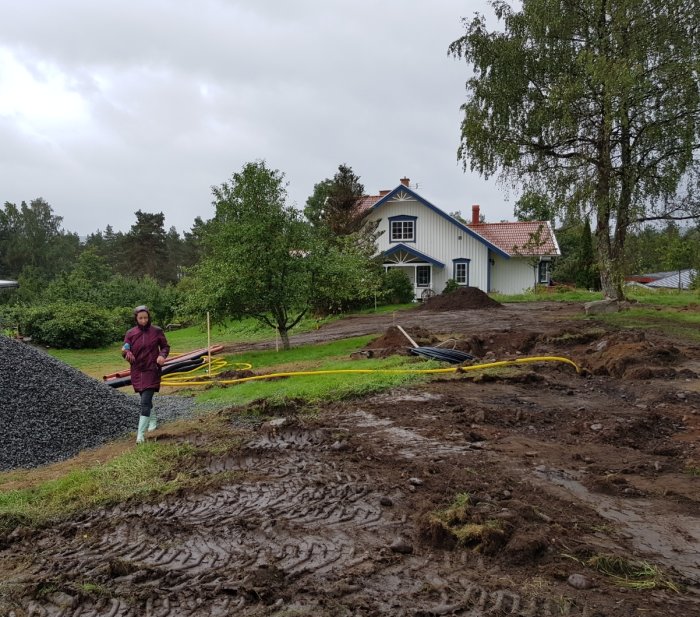 Markarbetsområde med nyinstallerad dagvattenbrunn, sladdar på marken, en person och ett hus i bakgrunden.