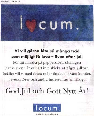 Annons från Locum med ordet "Locum" där bokstaven "O" är ersatt med ett rött hjärta, och en julhälsningstext nedanför.