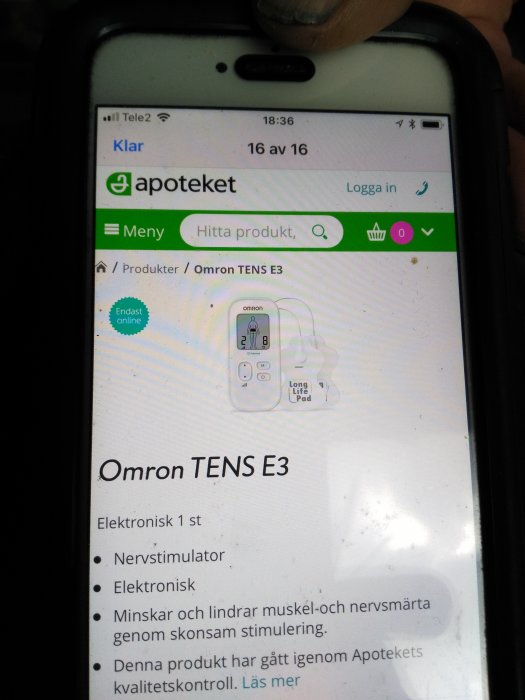 Smarttelefon visar Apotekets webbsida med en Omron TENS E3 nervstimulator-produktsida.