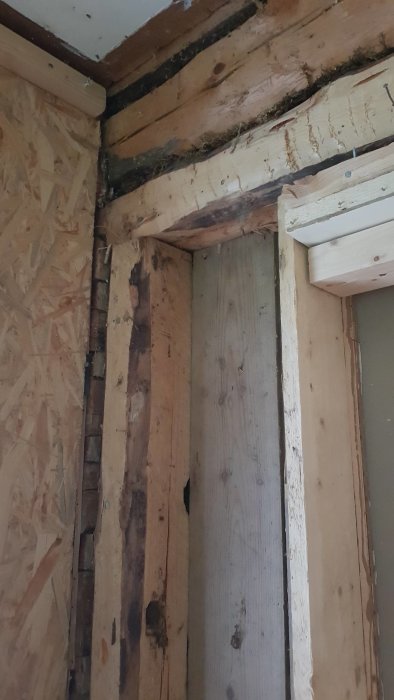Delvis nedmonterad bärbjälke med stående stock bultad i yttervägg i hörn av rum.