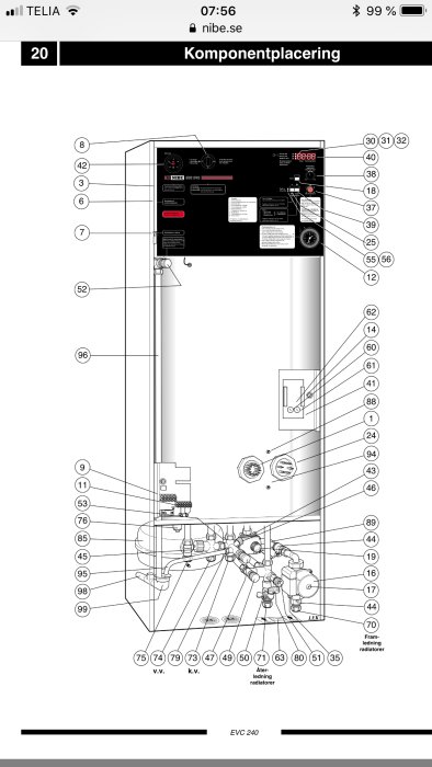 Schematisk illustration av en värmepump med numrerade komponenter, inklusive säkerhetsventilerna 52 och 47.