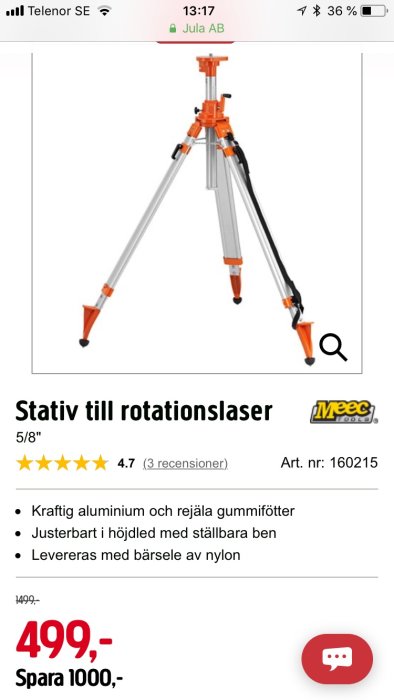 Stativ till rotationslaser från MEEC Tools med röda och silverfärgade detaljer på rea för 499 SEK.