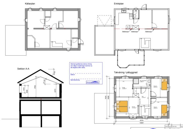 Arkitektonisk planritning som visar källarplan, entréplan och takvåning för en husrenovering.