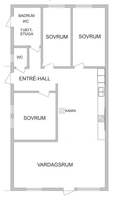 Planskiss av en lägenhet med tre sovrum, vardagsrum, badrum, WC och entré-hall.