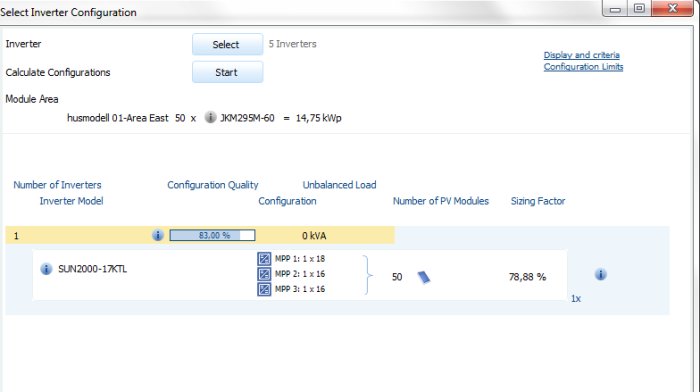 Skärmdump av programvara för konfiguration av solpanelsinverter med inställningar och beräkningsresultat.