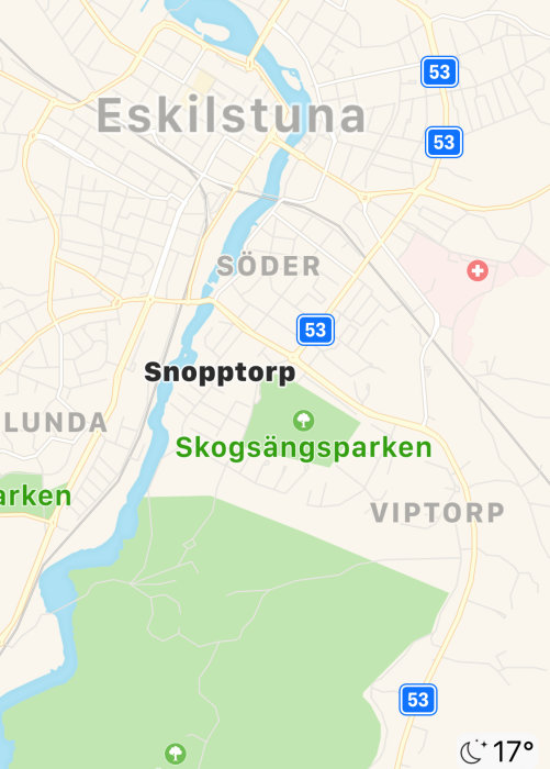 Kartbild över Eskilstuna med fokus på stadsdelarna Söder, Snopptorp och Skogsängsparken.