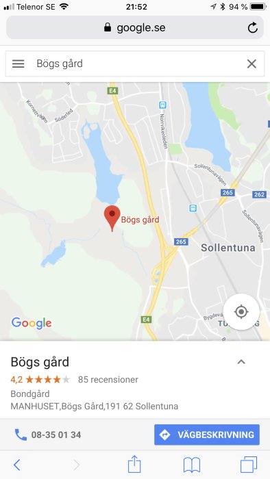 Skärmdump av Google Maps visar Bögs gård nära Sollentuna med röd markör.