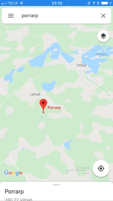 Kartskärmdump som visar orten Porrarp nära Vittsjö, markerad med en röd pin i en lantlig miljö.