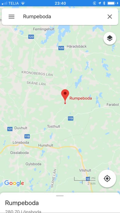 Kartskärmbild från Google Maps som visar platsen Rumpeboda nordost om Lönsboda i Sverige.