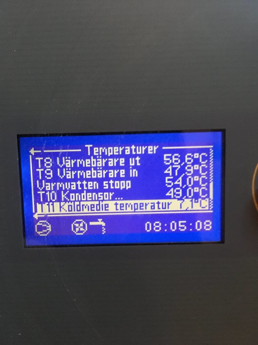 Digital display showing various temperature values for a heating system, including in/out temperatures and times.