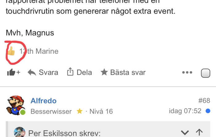 Skärmavbild av forumtråd med markerad gilla-symbol och antal gillamarkeringar.