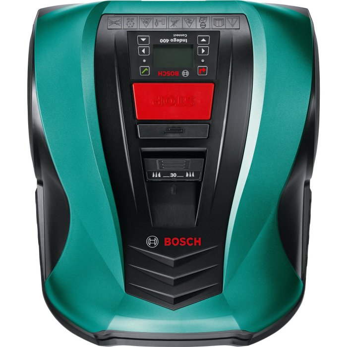 Ny i kartong Bosch Indego 400 Connect robotgräsklippare med installationskit och 3G-uppkoppling.