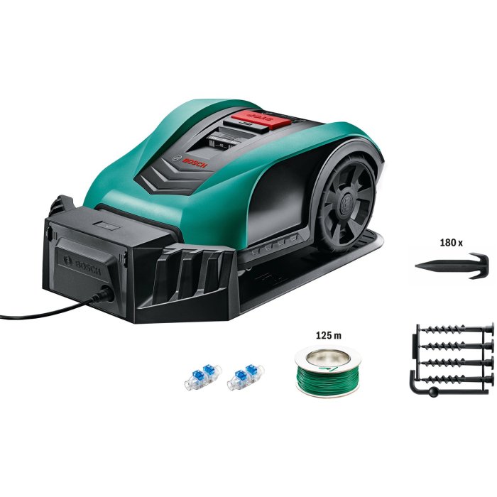 Ny Bosch Indego 400 Connect robotgräsklippare med installationskit och 3G i kartong.