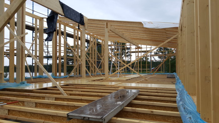 Nybyggnadsprojekt med Masonite Beams i bjälklag och lättare balkar, förberedelse för pulpettak.