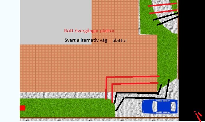 Skiss av trädgård med gräsytor, två stigar med röda och svarta linjer och en robotgräsklippare vid stationen.