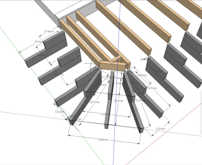 3D-modell av en träkonstruktionens hörndel med måttangivelser.