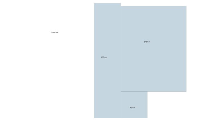 Schematisk illustration av trädimensioner för en altan med uppmätta delar på 45x45, 45x145 och 45x195 mm.