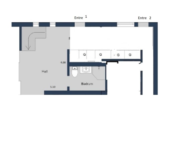 Planritning av en hall med markerade positioner för föreslagna downlights mellan två entréer och en korridor.