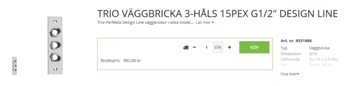 Trio väggbricka för VVS-installation med tre reglage, modellnamn och bruttopriset angivet.