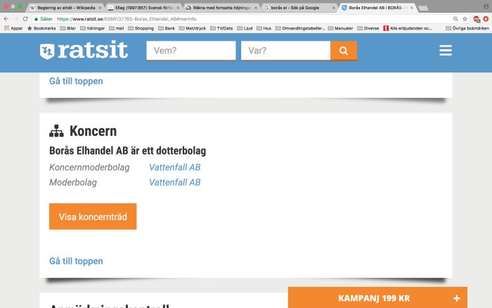 Webbsida som visar Borås Elhandel AB som dotterbolag till Vattenfall AB.