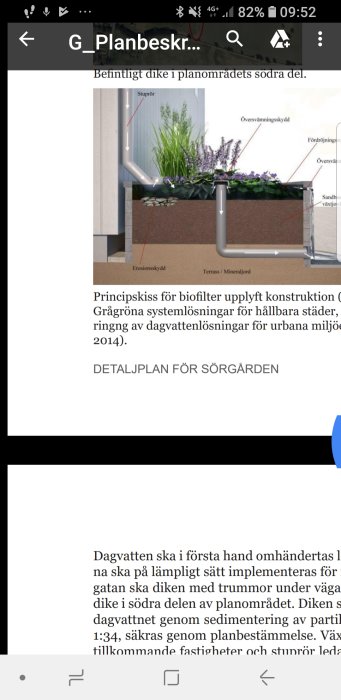 Skärmdump av en diagramteckning som visar uppbyggnaden av ett biofilter för dagvattenhantering.