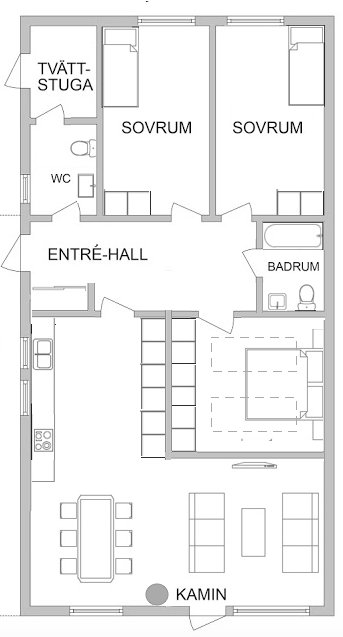 Ritning av ett hus med två sovrum, tvättstuga, WC, entréhall, badrum och kamin, diskussion om takfönster.