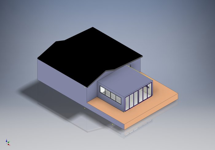 3D-modell av ett hus med föreslagen design av ett uterum med vikdörrar och lågt tak.