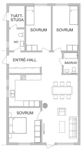 Ritning av en bostadsplan med tydlig märkning av tre sovrum, badrum, tvättstuga och extra garderober i hallen.