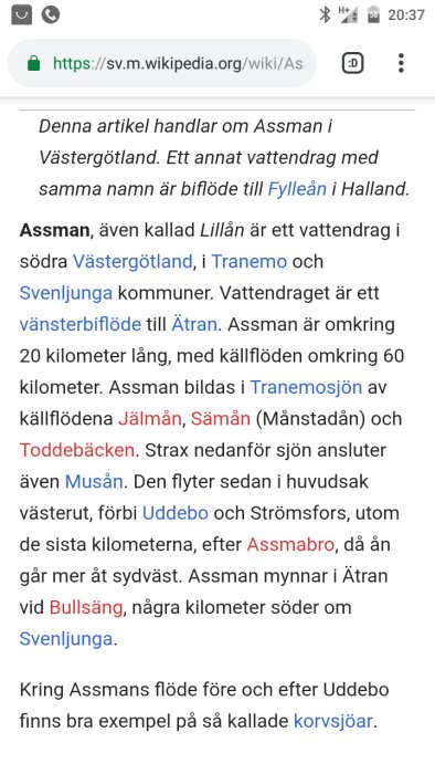 Skärmbild av Wikipedia-sida om Assman, ett vattendrag i Västergötland.