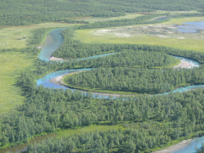 Flygbild över en slingrande flod genom grönskande landskap som skapar korvliknande vattendrag.