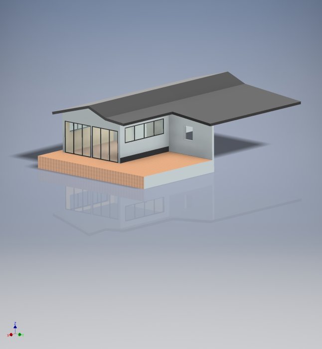 3D-modell av ett modernt enplanshus med stort tak och terrass.