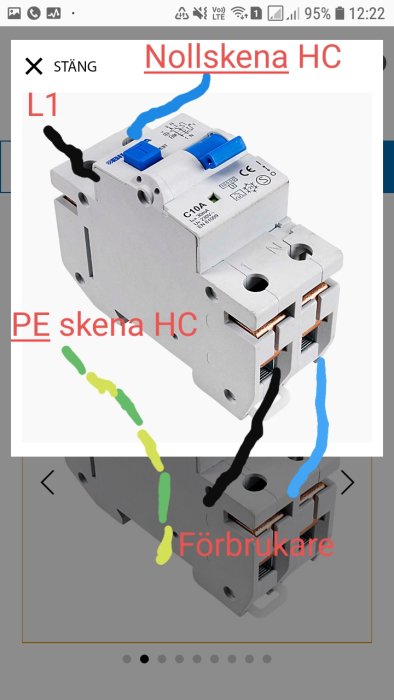 Elektrisk installationsbild med markerade ledningar och text etiketter för en nollskena och PE skena i ett proppskåp.