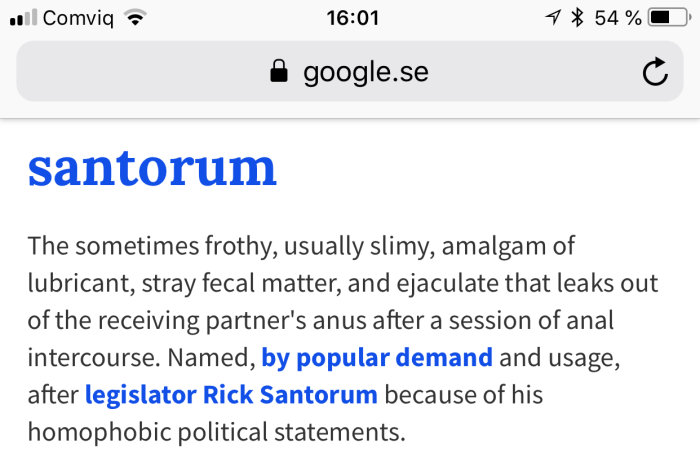 Skärmvisning av en sökmotor med en definition av ordet "santorum".